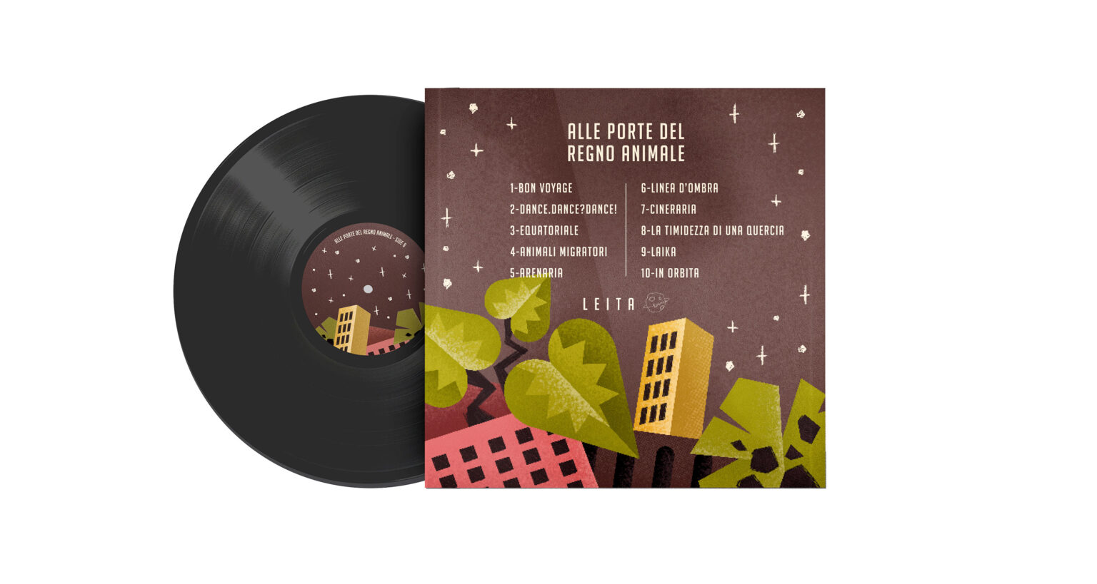 Retro vinile con titoli canzone di leita alle porte del regno animale, illustrazione digitale con fogli e palazzi minimal