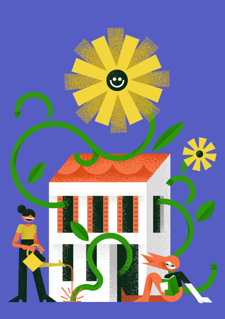 Illustration of a watering can and plant for Every Home Needs Care, a climate action artwork by Alessandro Nicoli.
